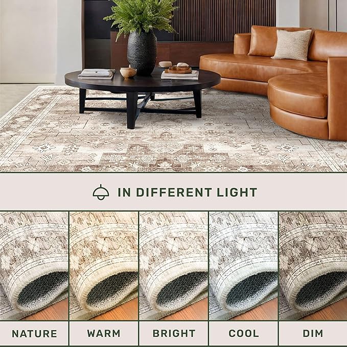 Hazo Haus Washable Neutral Farmhouse Living Room Rug, 5x8 Area Rugs for Bedroom Under Bed, Nursery Room, Boho Vintage Floral Non-Slip Rug Low Pile Stain Resistant (5x8 Beige/Latte)