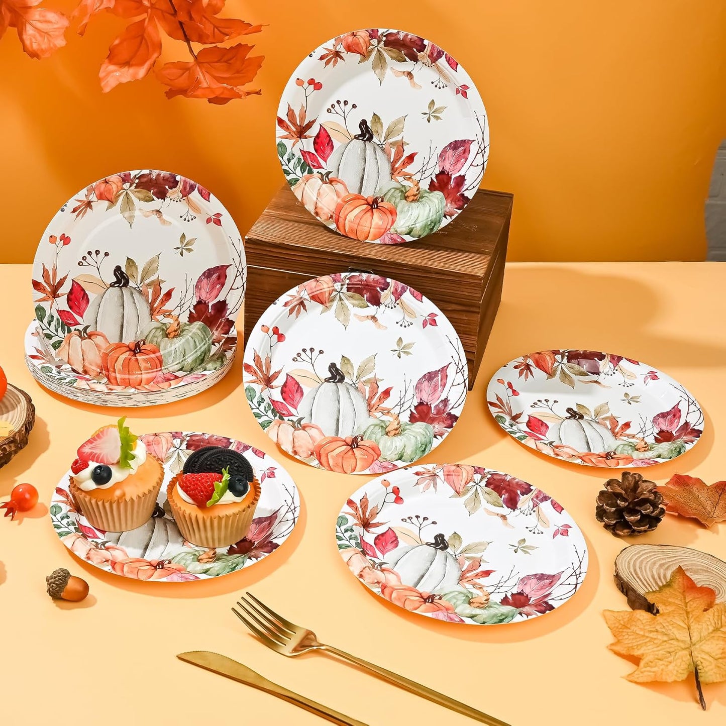 AllReal Fall Pumpkins Paper Plates Rustic Pumpkin Leaves Disposable Party Plate 7" Thanksgiving Autumn Dessert Plate for Birthday Baby Shower Party Supplies Table Decor (48)
