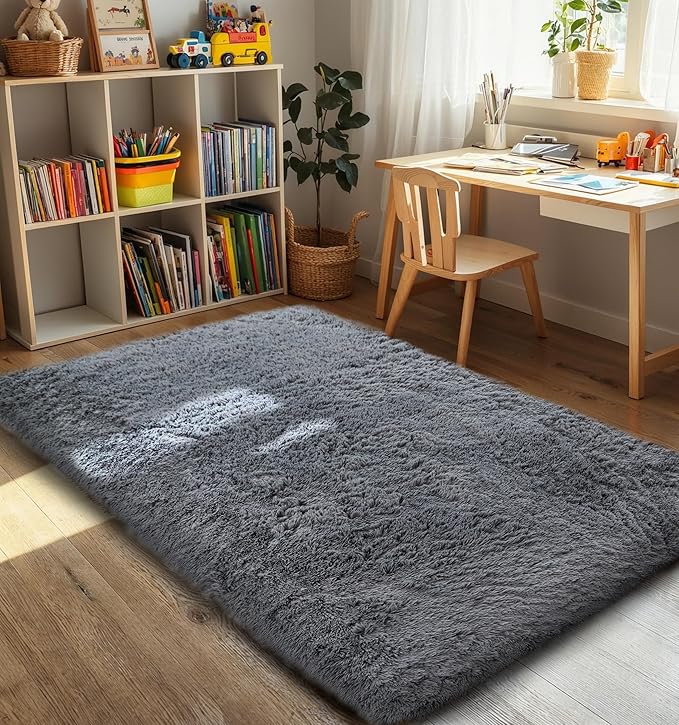 KICHOWUA Thick Area Rug Grey Fluffy 4x6 for Bedroom Living Room Washable Plush Rug for Kids Baby Room Nursery Non Slip Soft Shag Cozy Shaggy Rugs for College Dorm Fuzzy Furry Floor Carpet
