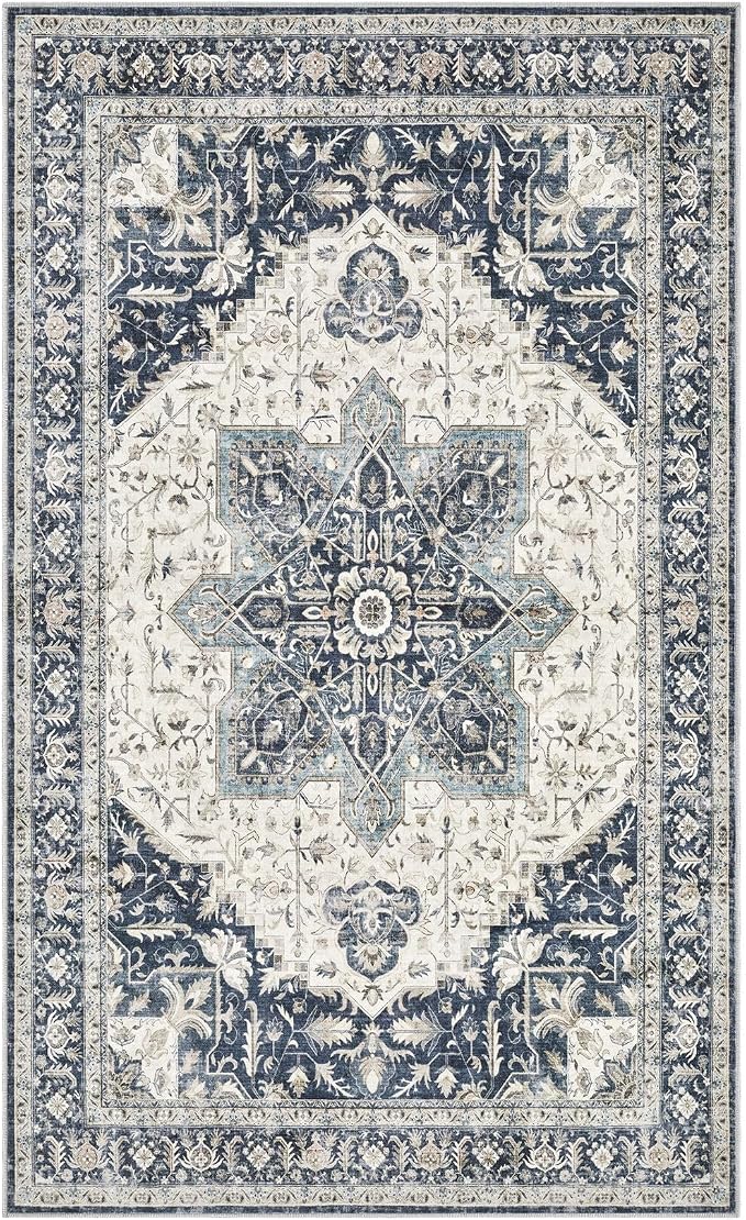 Tortania Area Rug Living Room Rugs - 3x5 Washable Rug Vintage Oriental Distressed Farmhouse Small Thin Indoor Carpet for Living Room Bedroom Under Dining Table Home Office - Indigo