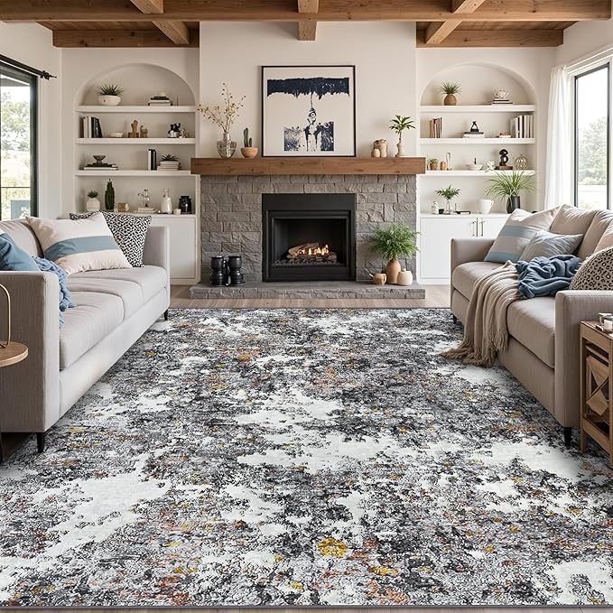 Area Rug 9x12 Living Room: Large Washable Rug with Anti-Slip Backing Non-Shedding Stain-Resistant Soft Abstract Carpet for Bedroom Dining Room Nursery Home Office (Gray/Multi)