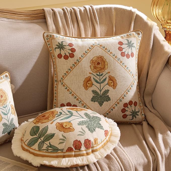 patdrea Vintage Linen Pillow Cover,Diameter 16",Set of 2-RosaSilvestre E | French Decorative Pillow Case,Yellow Floral Pattern,Cushion Coverfor Couch Living Room Bedroom,Fringe Trim