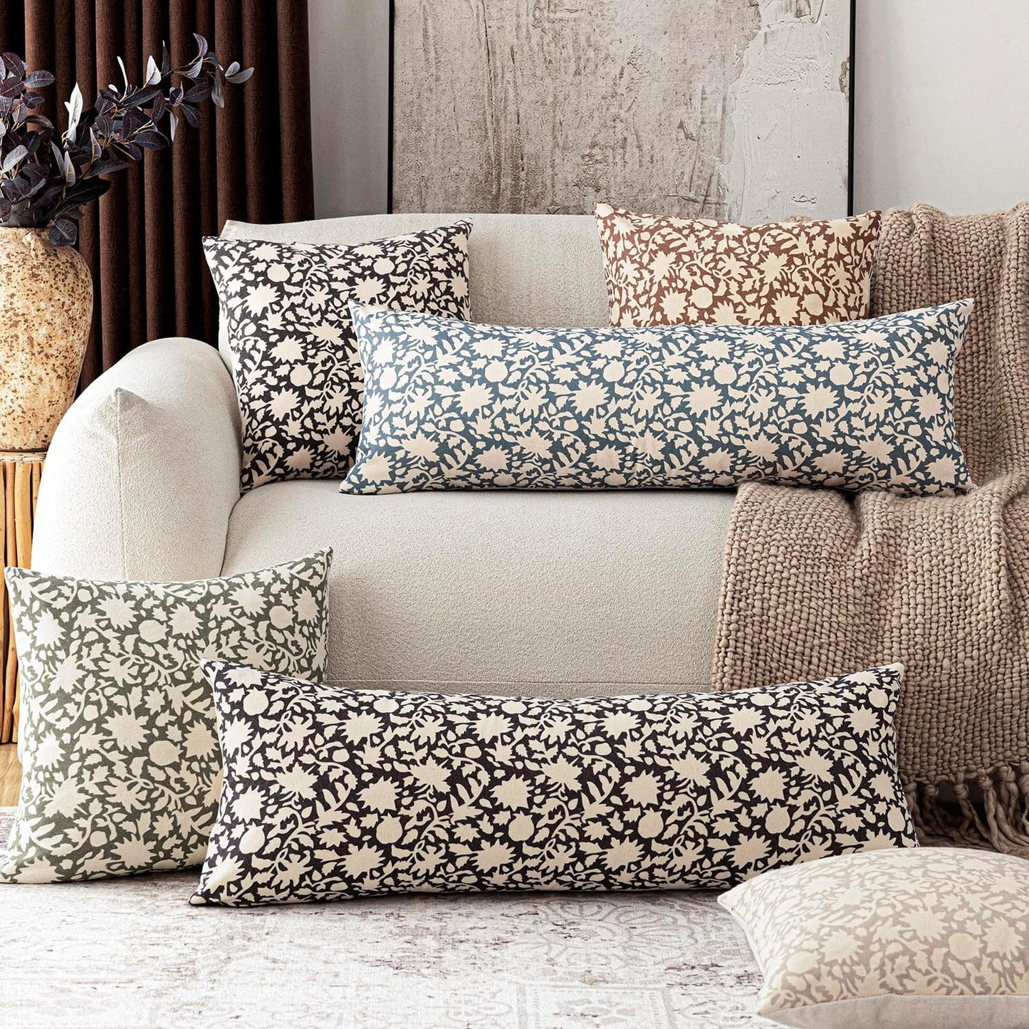 Foindtower Set of 2 Decorative Floral Long Body Lumbar Throw Pillow Covers Accent Farmhouse Cushion Cover Neutral Pillowcase For Couch Sofa Bedroom Living Room Home Decor Outdoor,14×36 Inch,Sage Green