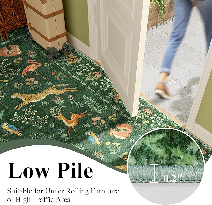 DUKINO Runner Rug, 2x8 Boho Kitchen Rug for Hallways with Low Pile Design, Washable Non Slip Backing Soft Floral Runner for Kitchen, Hallway, Entryway, Bedroom, Laundry, Green