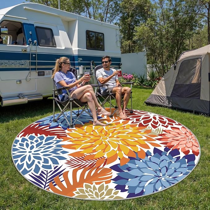 Colorful 6FT Outdoor Round Area Rug Washable Rugs Multicolored Patio Rug Tropical Botanical Floral Chenille Waterproof Outdoor Carpet for RV, Pool Deck, Backyard, Porch, Vivid Dahlia