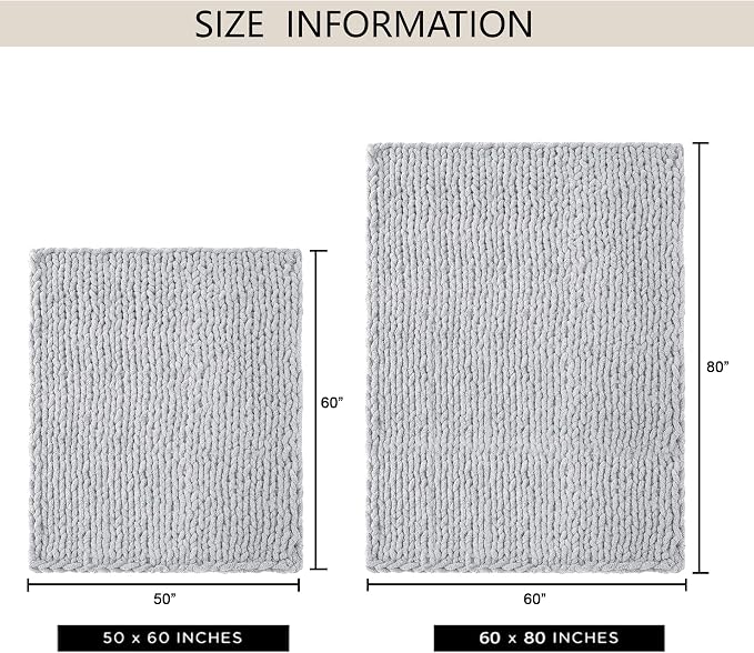 Chunky Knit Throw Blanket 50x60, 100% Handmade Chenille Yarn | 4.4lbs Soft Thick Cable Knitted Blankets, Large Rope Knot Crochet Throws for Couch Sofa Bed Machine Washable, Grey
