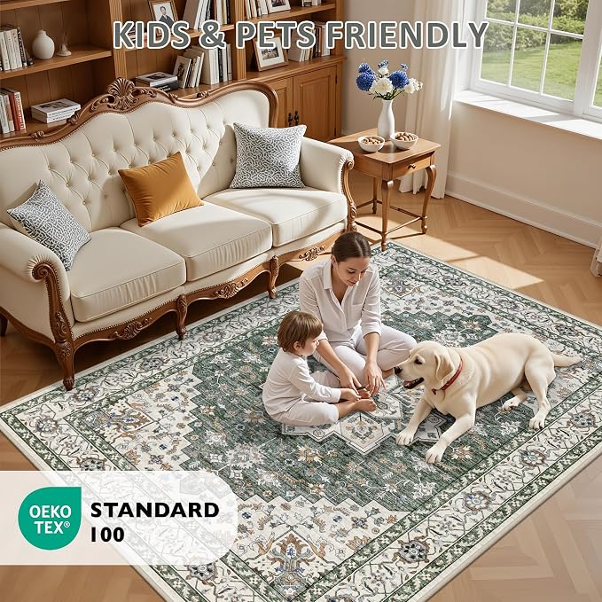 Hallway Runner Rug Non Slip - Washable 2.6x8 Kitchen Rugs for Living Room, Low-Pile Soft Bedroom Rug Indoor Floor Stain Resistant Carpets for Entryway, Laundry, Bathroom Green Ivory