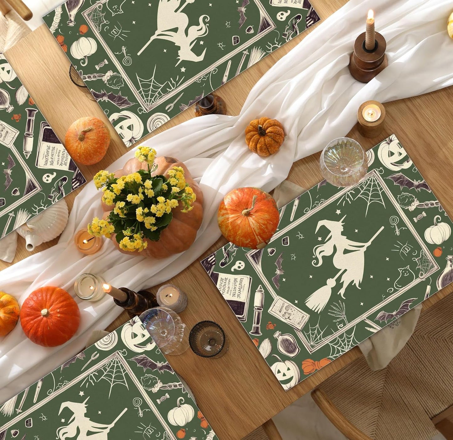 Halloween Bat Placemats Set of 4, 12x18 Inch Pumpkin Witch Table Mats, Washable Heat Resistant Place Mats for Kitchen Dining Table, Halloween Spooky Themed Decoration for Home-B10