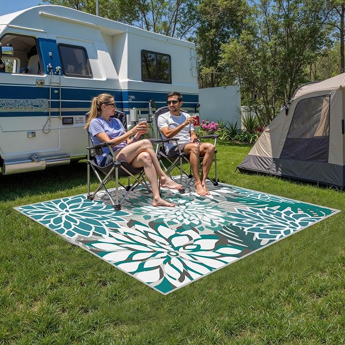 Colorful 9x12 Outdoor Area Rug Washable Multicolored Patio Rug Tropical Botanical Floral Chenille Waterproof Outdoor Carpet Non-Slip for Deck, Backyard, Porch, Teal