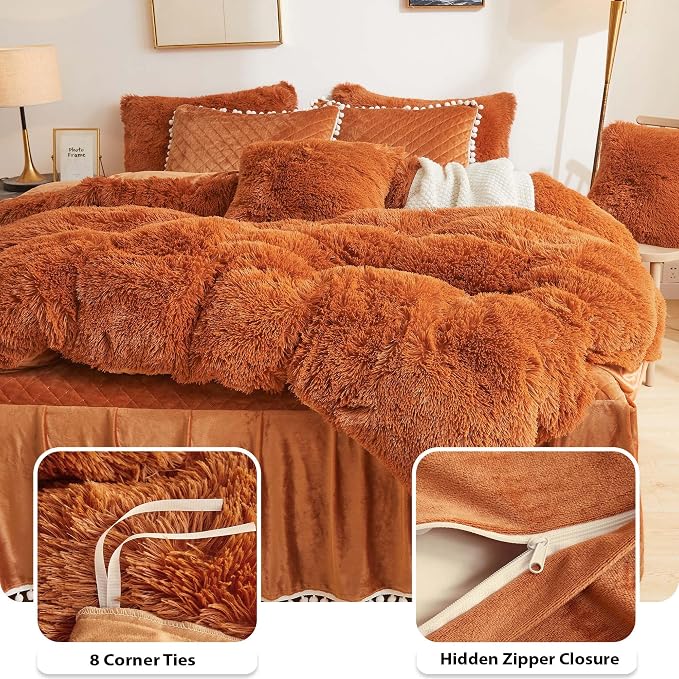 LIFEREVO Terracotta Plush Shaggy Duvet Cover Set, Soft Velvet Fluffy Comforter Quilt Cover Bedding Set(1 Faux Fur Fuzzy Duvet Cover + 2 Pompoms Pillow Cases), Zipper Closure(King, Burnt Orange)