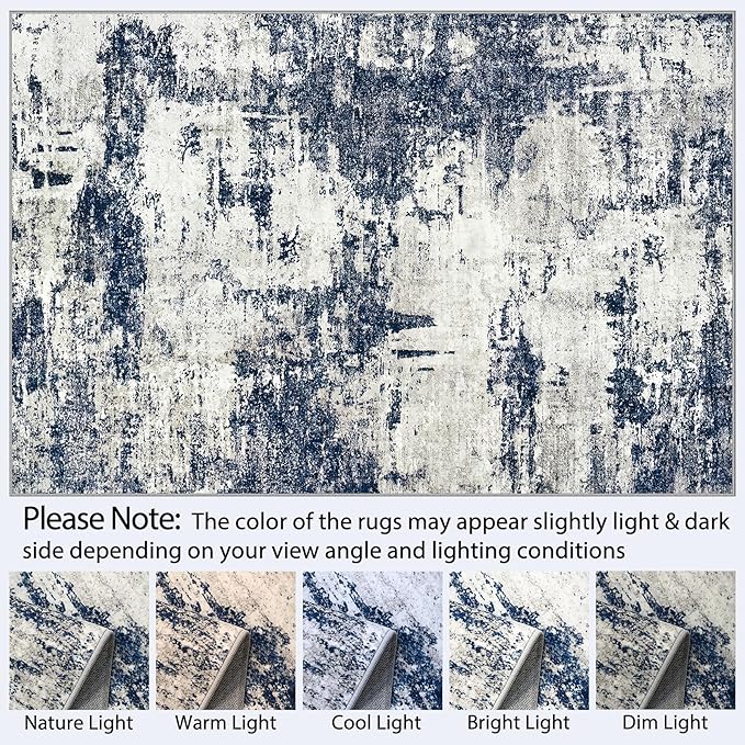 Area Rug Living Room Rugs: 5x7 Washable Rug with Anti-Slip Backing Non-Shedding Stain-Resistant Foldable Modern Abstract Carpet for Bedroom Dining Room Nursery Home Office - Gray/Blue