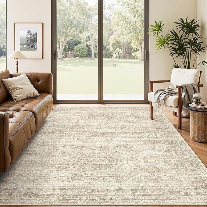 Soalmost 4x6 Area Rugs for Living Room, Vintage Washable Rugs for Dining Room, Bedroom, Home Office Decor, Non-Slip Beige Carpet Thin Rug