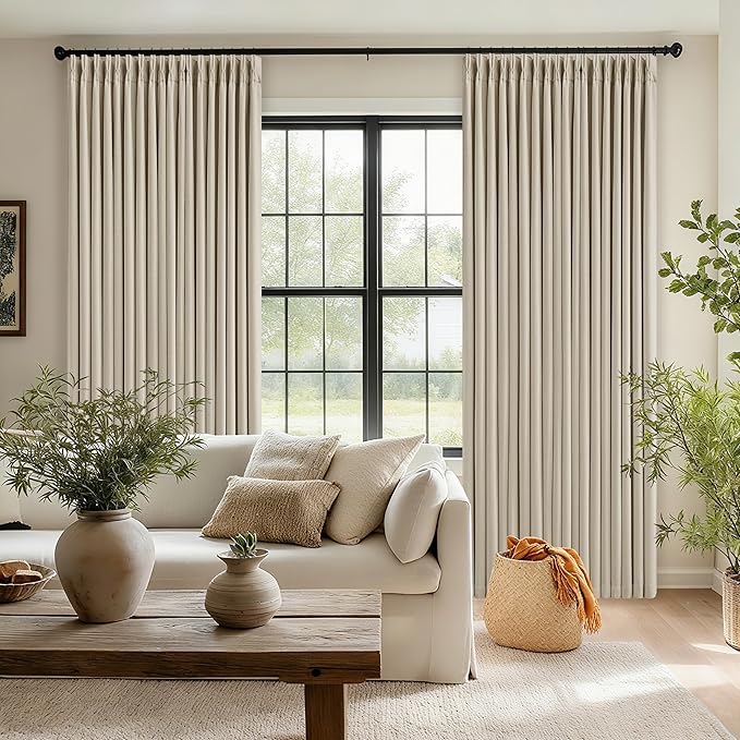 Memory Trained Pinch Pleated 100% Blackout Linen 86 Inch Curtains for Bedroom Room Darkening Light Blocking Beige Tan Window Curtain 80 Inches Long Living Room Black Out Pleat Drapes Dual Layer