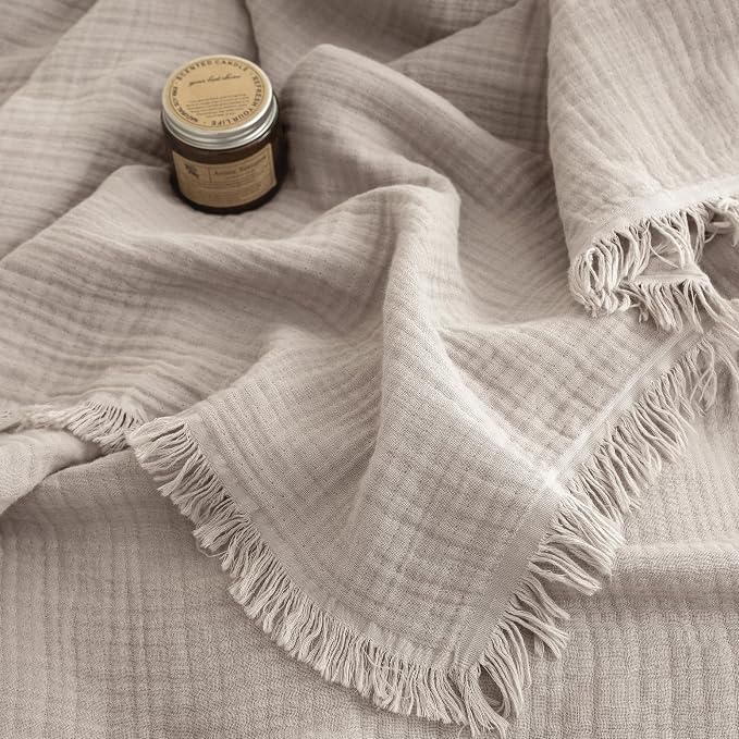FOSSA Muslin Blanket: 4-Layer 100% Cotton Gauze Blanket with Fringe 98"x98" | Super Soft Breathable Lightweight All Season & Decorative Blanket or Bed, Sofa, Office (Beige Gray,Oversize Queen)