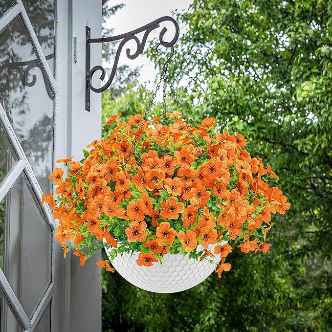 Der Rose Artificial Hanging Flowers Basket for Faux Plants Outdoor Spring Summer Decoration UV Resistant Fake Flowers for Patio Balcony Farmhouse Decor(Orange)