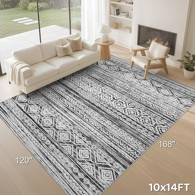 cotiled 10x14 Area Rug Living Room: Washable Boho Rugs with Non Slip Backing Large Soft Indoor Stain Resistant Carpet for Bedroom Farmhouse Dining Room Lightweight Home Decor White/Black