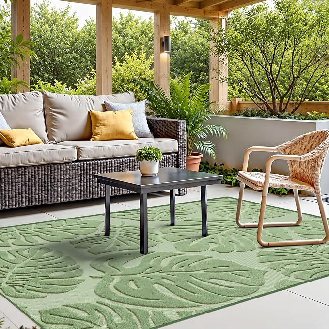 Sage Green Monstera Area Rug 6x9, High-Low Plush Pile Washable Rugs for Living Room Bedroom, Tropical Non Slip Nursery Carpet Soft Indoor Shag Rugs for Dining Room