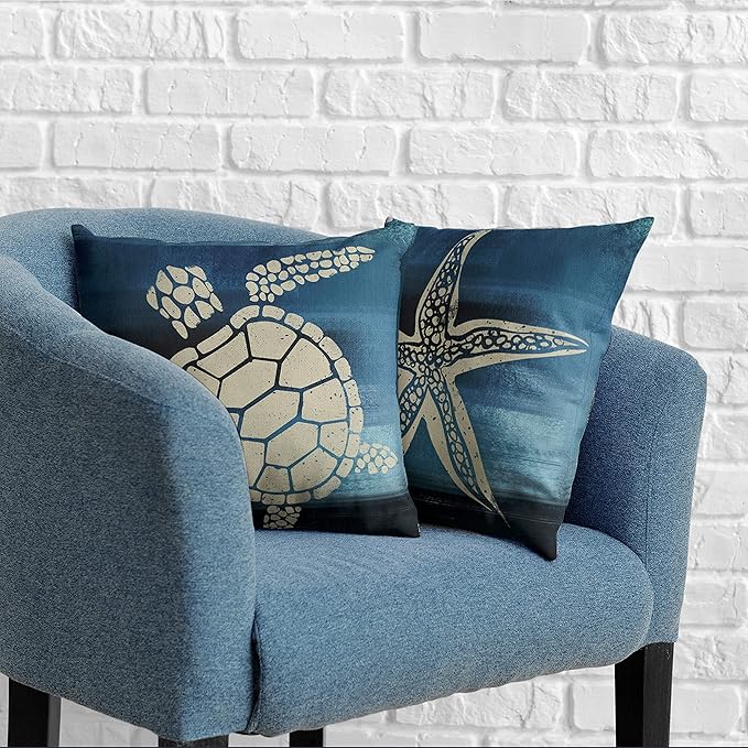 Set of 2 Blue Square Linen Pillow Covers Coastal Beach Theme Throw Pillow Covers 20x20 Nautical Starfish Sea Turtle Pillowcase for Outdoor Couch Sofa Living Room