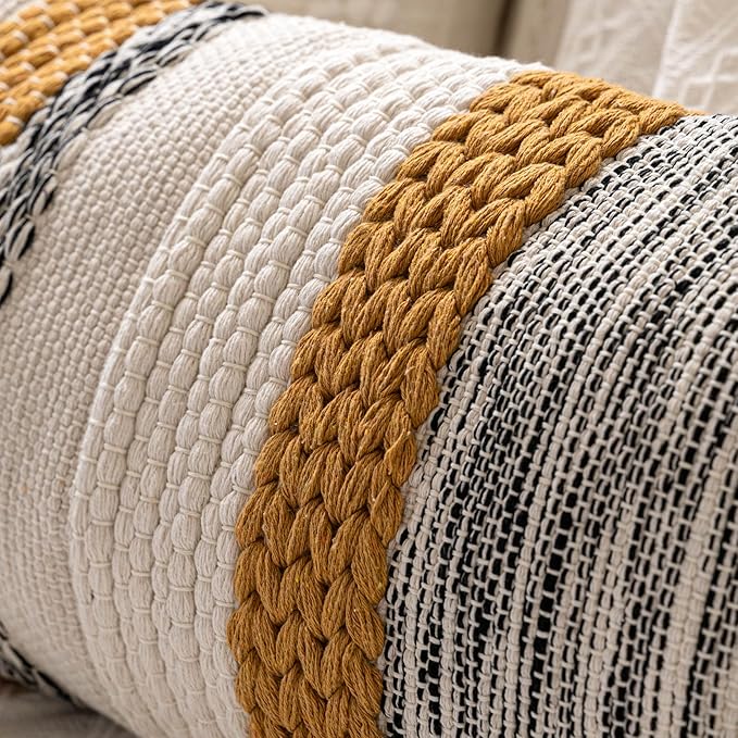 BlissBlush Decorative Lumbar Throw Pillow Cover 14x24 Boho Yellow Mustard Accent Cushion for Couch Sofa Farmhouse Pillowcase for Bedroom Living Room Home Décor Cover ONLY