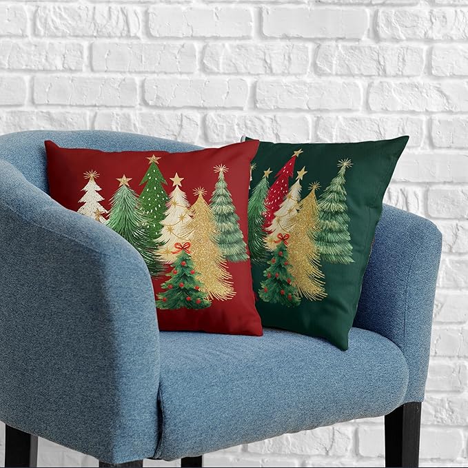 Green and Red Christmas Pillow Covers Set of 2 Colorful Xmas Tree Throw Pillow Covers 18x18 Winter Holiday Pillow Case Double Sided Printing Cushion Case for Couch Sofa Decor