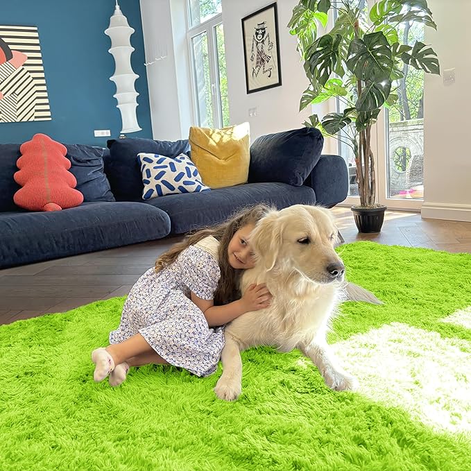 OLANLY 5x8 Machine Washable Large Area Rugs for Living Room, Bedroom, Soft Fluffy Shaggy Bedside Rug, Indoor Floor Carpet for Kids Girls and Boys, Dorms, Nursery, Home Decor Aesthetic, Lime Green