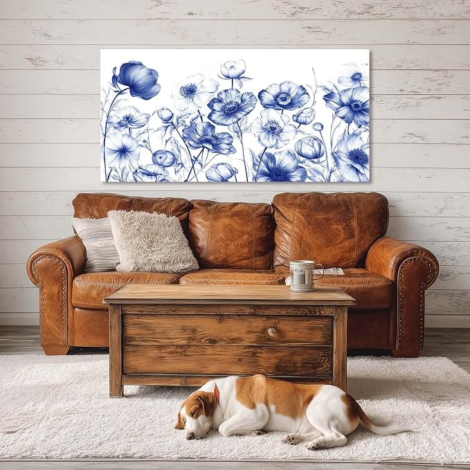Ggaafet Navy Blue Sketch Flowers Wall Art for Bedroom Canvas Oil Painting Prints Beautiful Floral Blooming Art Deco Pretty Artwork Office Family Dining Room Decor