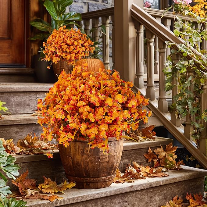 AXYLEX Artificial Mums for Outdoor Fall Flowers - Fake Plants UV Resistant No Fade Faux Plastic Home Decor Garden Porch Patio (1, OrangeMixed)
