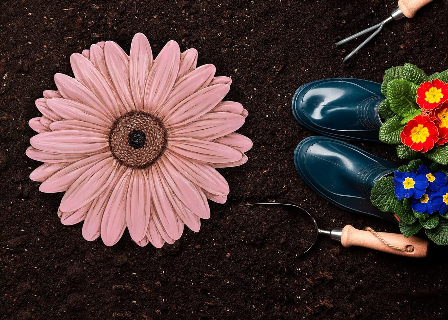 NAT & Jules Gerbera Daisy Flower Shaped Dimensional Indoor Outdoor 12 inch Cast Resin Decorative Garden Stepping Stone, Patio, Walkway Sculpture Yard Art, Pink