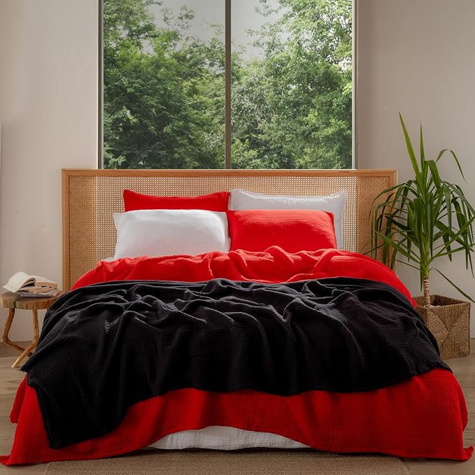 Muslin Blanket - Pure 100% Turkish Cotton Airy Soft Light Versatile Gauze Throw Blanket for Bed, Couch, Sofa (Red, King Size (95" x 110" inch))