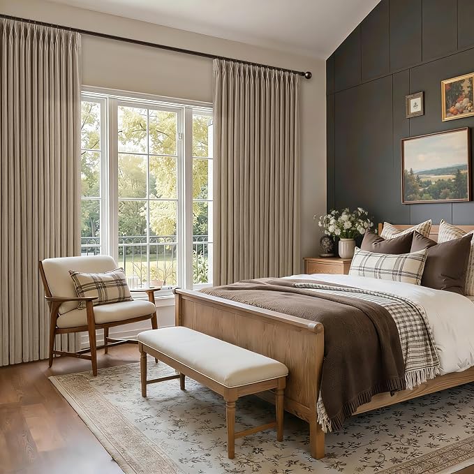Latte Pinch Pleated Linen Curtains 84 Inches Length 2 Panels Rustic Tan Brown Light Filtering Back Tab Pleat Curtain with Hooks Rings 84 Inch Long Memory Trained Window Drapes for Living Room Bedroom