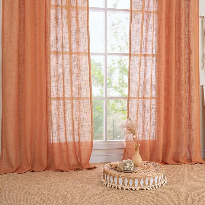 LAMIT Semi Sheer Linen Curtains 45 Inches Long, Light Filtering Panels Back Tab and Rod Pocket Country Decor Drapes for Farmhouse/Window/Bedroom, Burnt Orange, 2 Panels, 52 x 45 Inch
