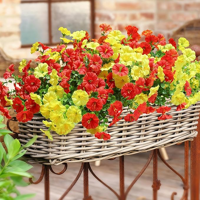 HyeFlora Artificial Flowers for Outdoors Fake Plants Outside Decoration, 12 Bundles Silk Colorful Morning Glory with Eucalyptus UV Resistant Realistic Faux Flowers for Planter Porch Patio Yard Garden
