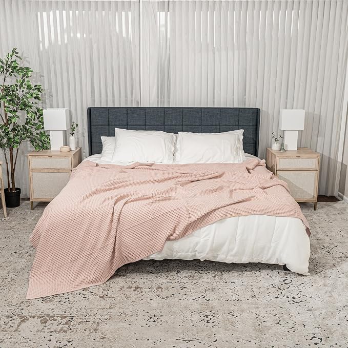Comfy Cubs Waffle Blanket Twin, 90" x 66" - 100% Cotton Lightweight Breathable Bed Blanket - Soft Textured Thermal Weave for All Seasons – Decorative Cozy Layer for Couch, Sofa, or Bed - Blush