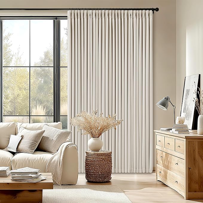 TWODRAPES 92 Inch Long Pinch Pleated Blackout Curtains for Bedroom Living Room, Natural Beige Linen Blend 100% Blackout Sliding Door Curtains, Cozy Modern Privacy Protection Curtains 92 Inches