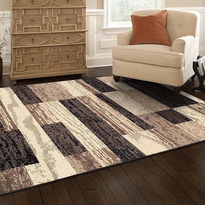 SUPERIOR Indoor Area Rug, Jute Backed, Modern Geometric Patchwork Floor Decor for Bedroom, Office, Living Room, Entryway, Hardwood Floors, Rockwood Collection, 6' x 9', Chocolate