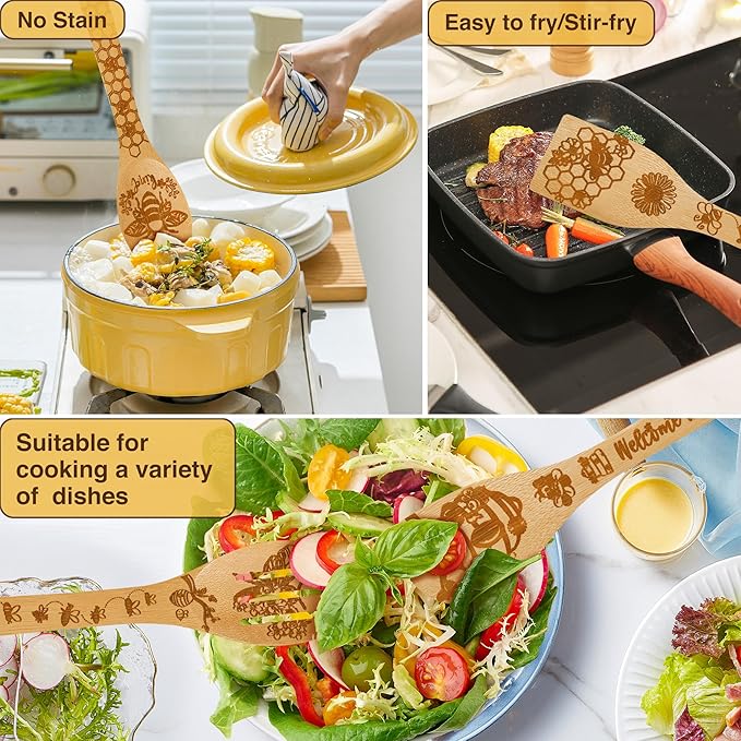 Bee Gifts for Women,8pcs Kitchen Utensils Set with Apron Oven Mitt Pot Holder - Unique Bee Bamboo Wooden Cooking Spoons Set,House Warming,Easter,Birthday,Mother's Day Gift