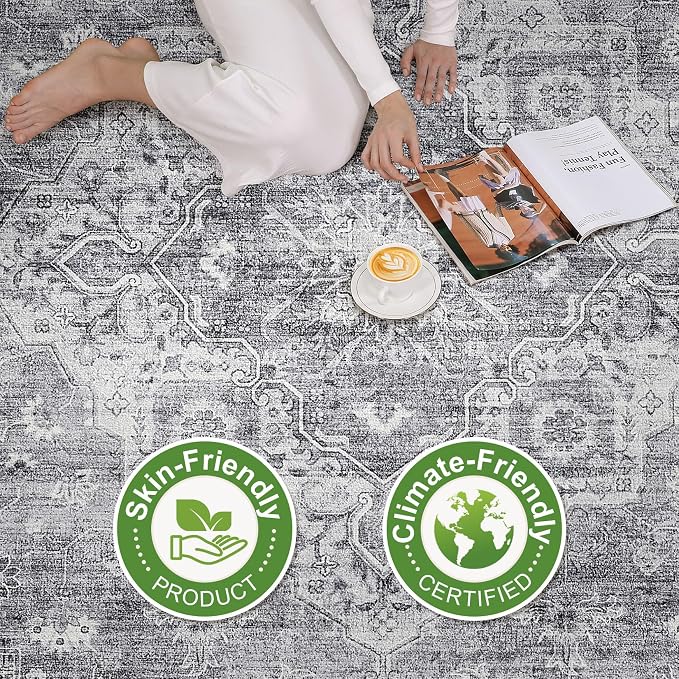 7x10 Area Rug Living Room: Washable Boho Large Neutral Vintage Soft Rug Stain Resistant Farmhouse Non-Slip Indoor Floor Carpet for Bedroom Nursery Kids Playroom Office Dining Room- Gray
