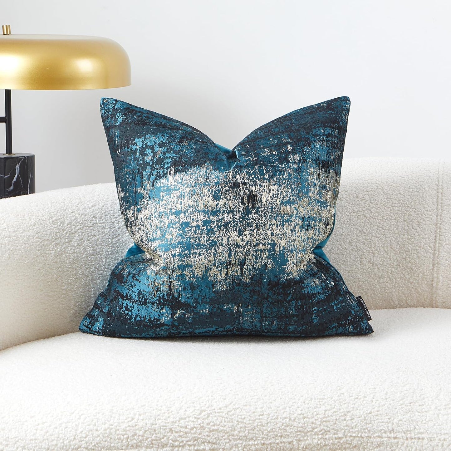 THE-TINOART Teal & Gold Embroidered Jacquard Pillow Cover 24x24 - Luxury Reversible Decorative Throw Pillow Cover with Gold Thread & Velvet Backing, Elegant Holiday Home Decor