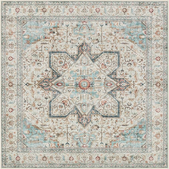 Tortania 6' Square Area Rug Living Room Rugs - Washable Boho Rug Vintage Oriental Distressed Farmhouse Large Thin Indoor Carpet for Bedroom Under Dining Table Home Office - Aqua Multi