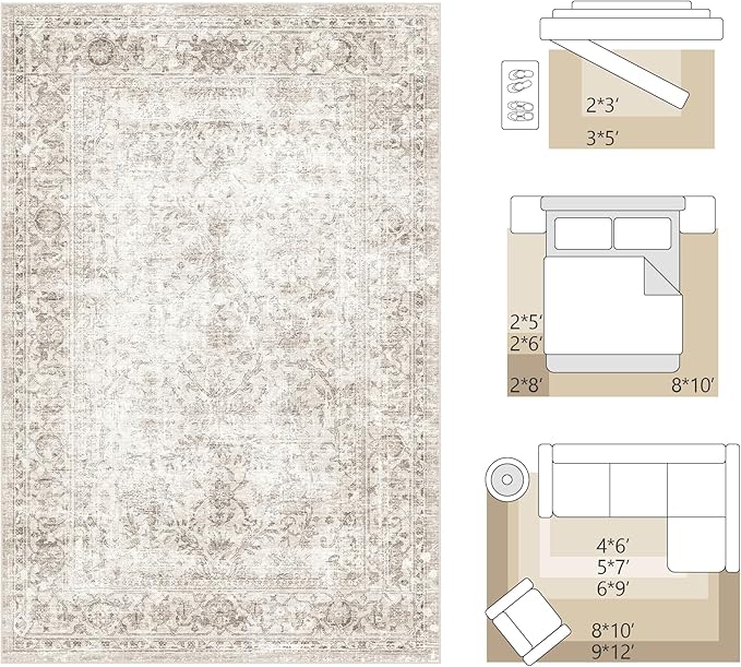 FMFUNCTEX 2x12 Runner Rug Beige Washable Vintage Neutral Distressed Non Slip Low Pile Indoor Carpet Retro Floral Hallway Entryway Rug for Kitchen Living Room Bedroom Bathroom Laundry Entry Bedside