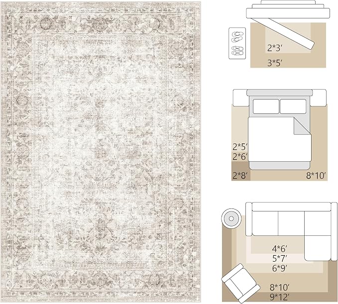 FMFUNCTEX 3x10 Runner Rug Beige Washable Vintage Neutral Distressed Non Slip Low Pile Indoor Carpet Soft Retro Floral Hallway Entryway Rug for Kitchen Living Room Bedroom Bathroom Laundry Bedside