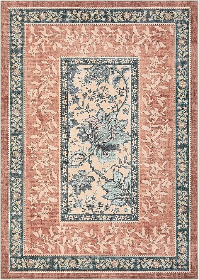 GarveeHome Terracotta Teal Area Rugs 9x12 Living Room, Botanical Grove Cottage core Washable Non-Slip Rug for Bedroom Dining Nursery Low-Pile Vintage Large Soft Carpet