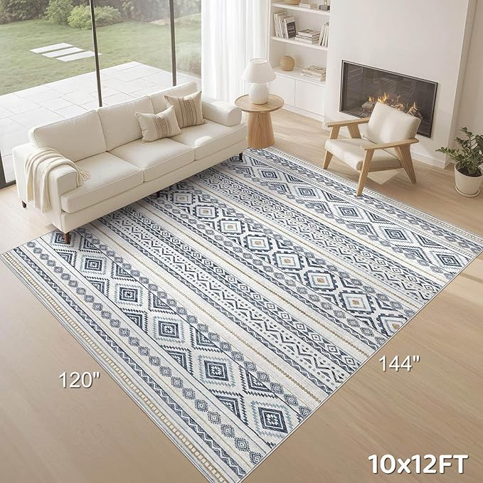 cotiled 10x12 Area Rug Living Room: Washable Boho Rugs with Non Slip Backing Large Soft Indoor Stain Resistant Carpet for Bedroom Farmhouse Dining Room Lightweight Home Decor Blue