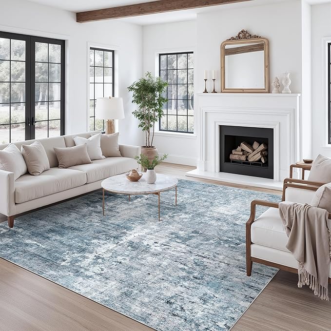 Soalmost Abstract Rug 8x10 Large Living Room Rugs Neutral Modern Washable Area Rugs for Bedroom Dining Room Non-Slip Stain Resistant Foldable Thin Blue
