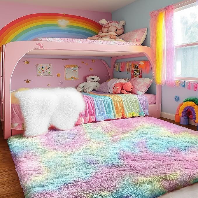 PAGISOFE Fluffy Soft Area Rugs for Girls Bedroom, Plush Shaggy Colorful Rugs for Kids Playroom Kawaii Princess Fuzzy Nursery Rug for Baby's Toddler's Room Cute Room Decor for Teenage 5x8 Ft Rainbow