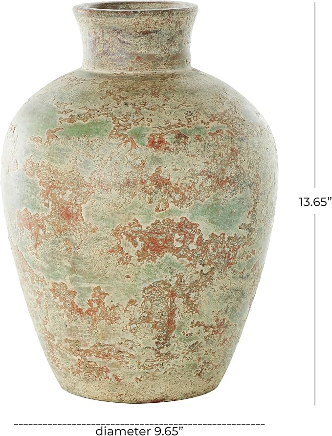 Deco 79 Ceramic Decorative Vase Antique Style Textured Centerpiece Vase with Green and Copper Accents, Flower Vase for Home Decoration 10" x 10" x 14", Brown