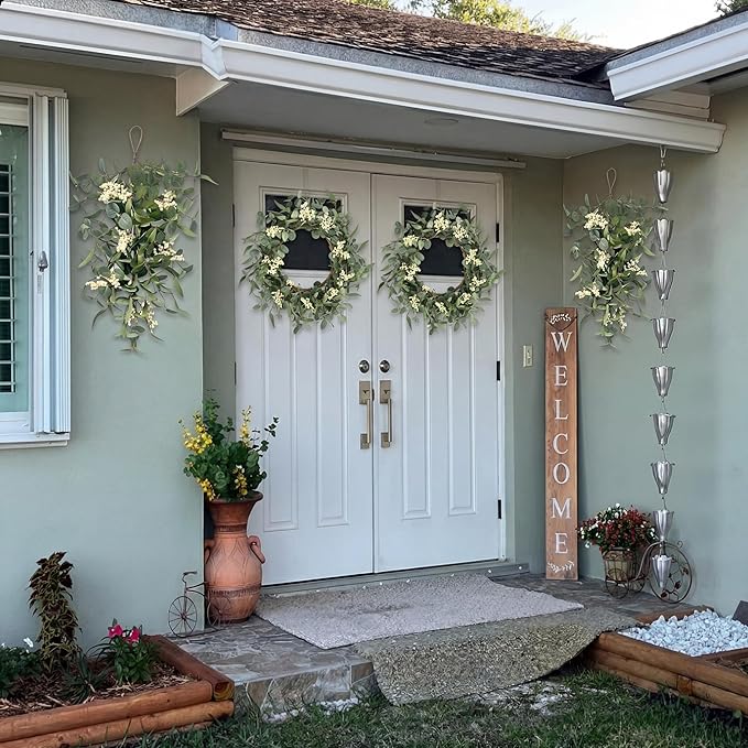 Pinkpum 20'' Eucalyptus Wreath 22'' Teardrop Swags Set 4 for Front Door Fireplace Hanging Porch Wall Home Window Kitchen Decor Farmhouse Garden Party Indoor Outdoor Summer Spring Fall All Seasons