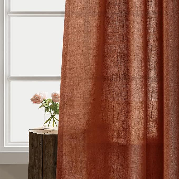 2 Panels Terracotta Linen Curtains 108 Inches Long for Living Room Grommet Extra Long Semi Sheer Curtains Boho Farmhouse Light Filter Rust Linen Drapes 108 Inch Length for Bedroom Large Window 9 FT