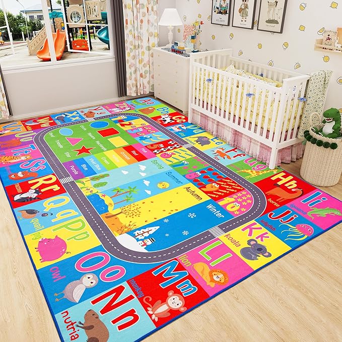 HOMORE Kids Rug, 10x14 Large Educational Rugs for Classroom Kids Collection ABC Rug for Learning Alphabet, Numbers, Colors, Season and Animal Words, Play Rugs for Playroom