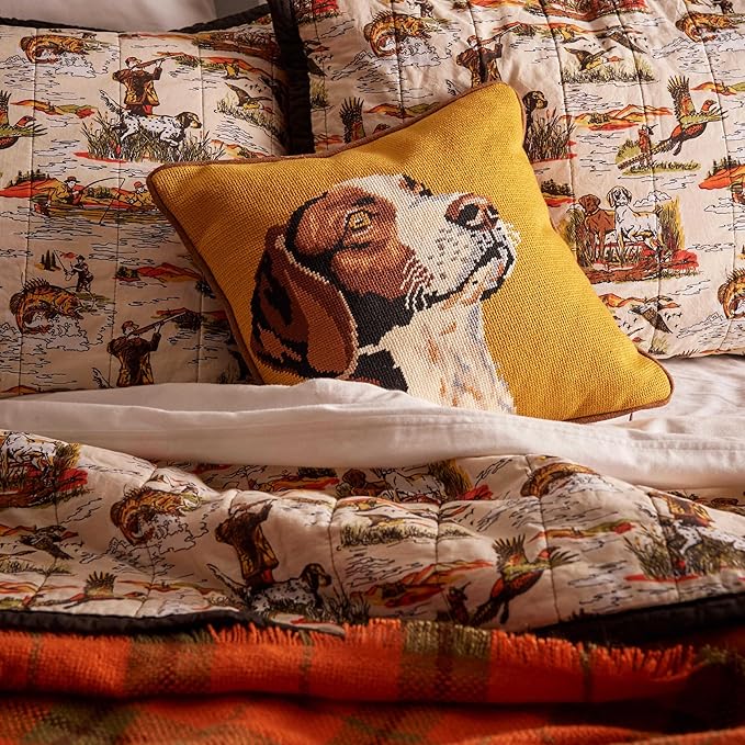 Camp Wandawega Hunting Dog Needlepoint Embroidered Throw Pillow, Vintage Lodge Decorative Pillow, 14" Square